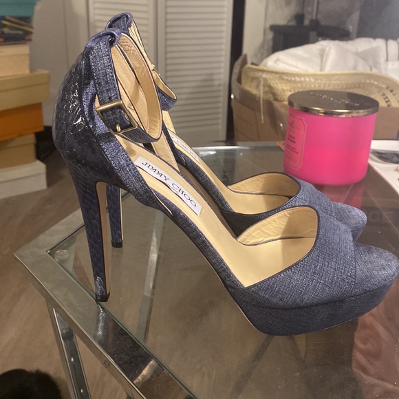 Jimmy Choo Kayden Leather Ankle-Wrap Sandal, Light Indigo/Navy ( Size 41 1/2 ) - Picture 7 of 7